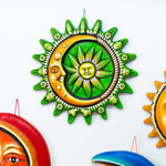 Ceramic wall art, 'Galactic Meeting in Green' - Hand-Painted Eclipse Ceramic Wall Art in Green and Yellow