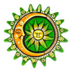 Ceramic wall art, 'Galactic Meeting in Green' - Hand-Painted Eclipse Ceramic Wall Art in Green and Yellow