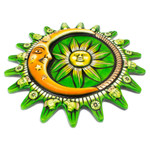 Ceramic wall art, 'Galactic Meeting in Green' - Hand-Painted Eclipse Ceramic Wall Art in Green and Yellow