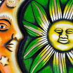 Ceramic wall art, 'Galactic Meeting in Green' - Hand-Painted Eclipse Ceramic Wall Art in Green and Yellow