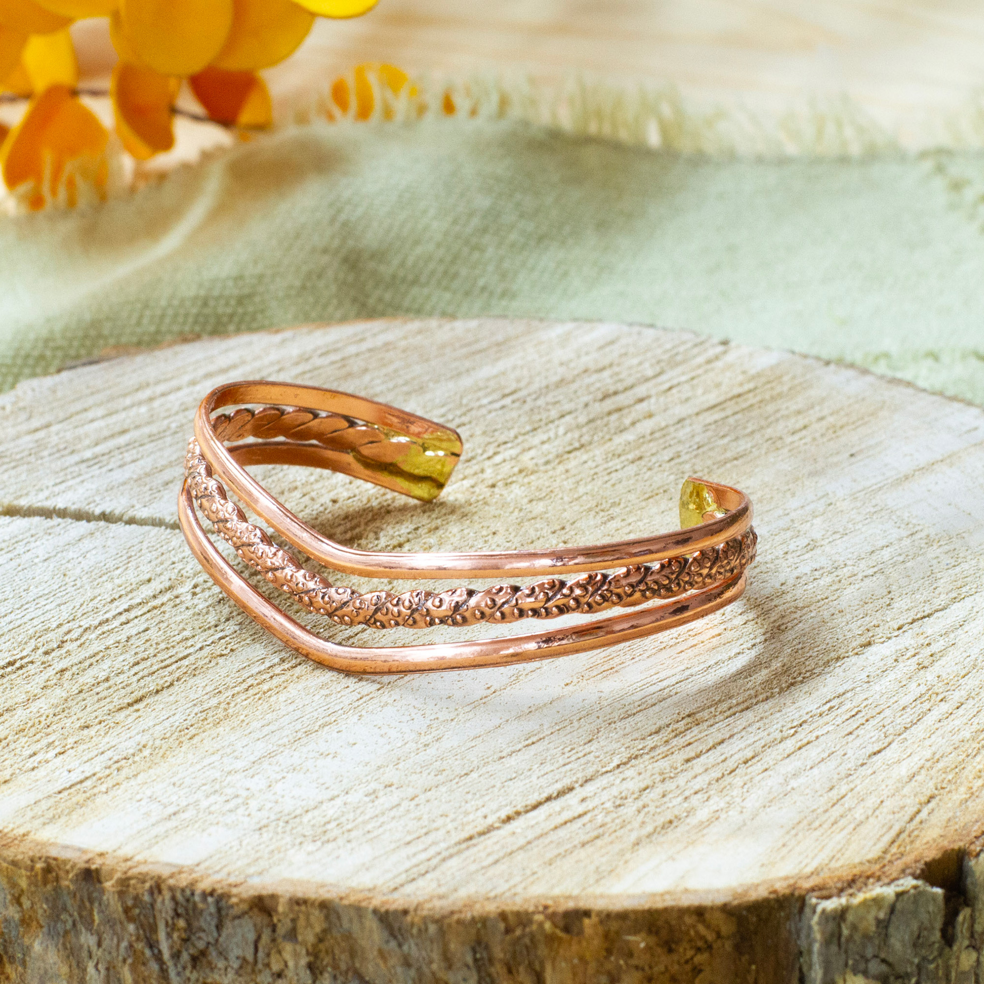 High-Polished Copper Cuff Bracelet Crafted in Mexico, 'Fortunate Deity'