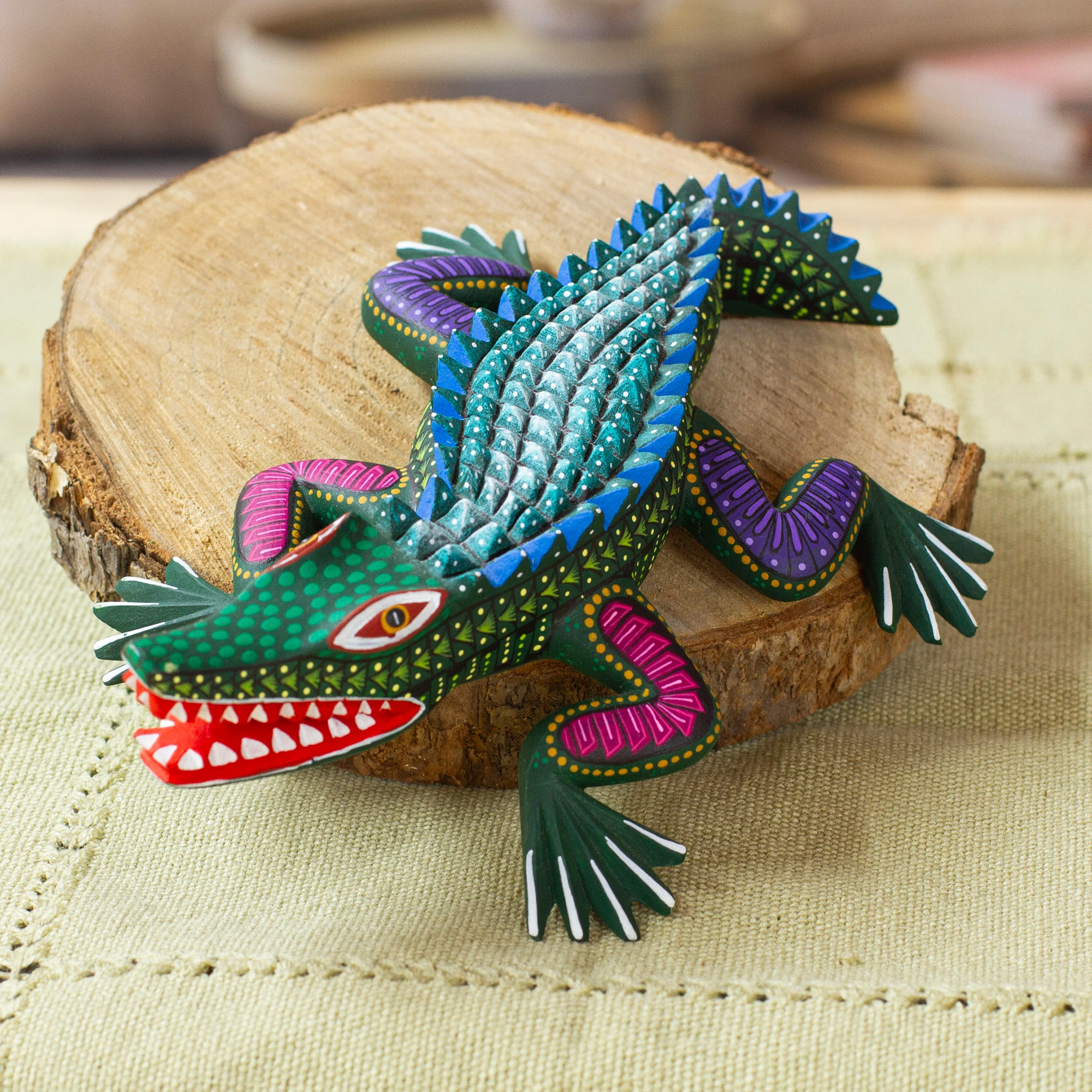 Mexican Hand-Painted Green Crocodile Wood Alebrije Figurine