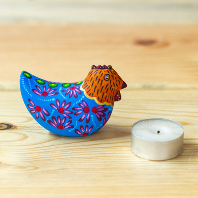 Figura alebrije de madera - Figura de alebrije de madera de gallina mexicana pintada a mano en azul naranja