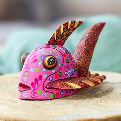 Mexican Hand-Painted Hot Pink Fish Wood Alebrije Figurine - Hot Pink Fish