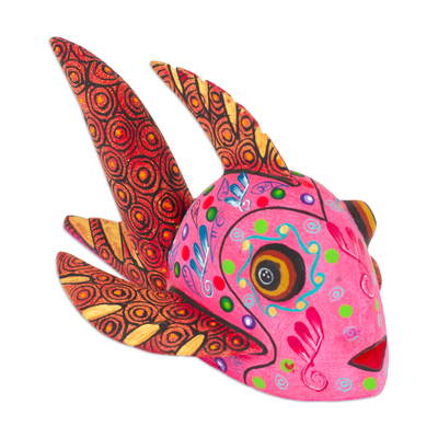 Figura alebrije de madera - Figura de alebrije de madera de pez rosa intenso pintada a mano mexicana