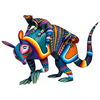 Wood alebrije sculpture, 'Armadillo with Fox and Owl' - Animal-Themed Painted Colorful Alebrije Armadillo Sculpture