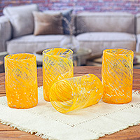 Handblown recycled glass tumblers, 'Garden Relaxation in Mango' (set of 4) - Set of 4 Orange Mexican Handblown Recycled Glass Tumblers