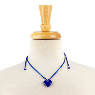 Art glass pendant necklace, 'My Lapis Love' - Art Glass Heart-Shaped Pendant Necklace in Lapis Blue