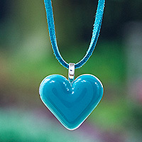 Art glass pendant necklace, 'My Teal Love' - Art Glass Heart-Shaped Pendant Necklace in Teal