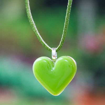 Art glass pendant necklace, 'My Spring Green Love' - Art Glass Heart-Shaped Pendant Necklace in Spring Green