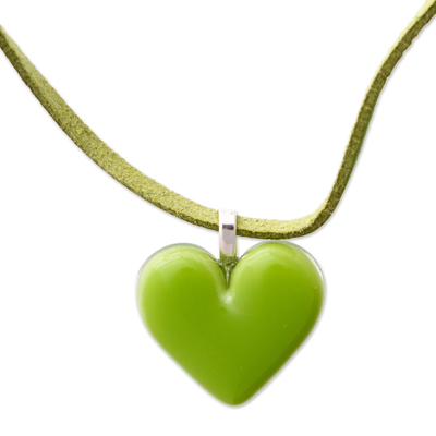 Art glass pendant necklace, 'My Spring Green Love' - Art Glass Heart-Shaped Pendant Necklace in Spring Green