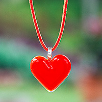 Art glass pendant necklace, 'My Scarlet Love' - Art Glass Heart-Shaped Pendant Necklace in Scarlet Red