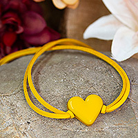 Art glass pendant bracelet, 'My Goldenrod Love' - Art Glass Heart-Shaped Pendant Bracelet in Goldenrod Yellow