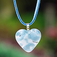 Art glass pendant necklace, 'My Heavenly Love' - Art Glass Heart-Shaped Pendant Necklace in Blue and White