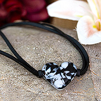 Art glass pendant bracelet, 'My Dear Love' - Heart-Shaped Art Glass Pendant Bracelet in Black and White