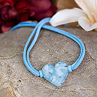 Art glass pendant bracelet, 'My Heavenly Love' - Art Glass Heart-Shaped Pendant Bracelet in Blue and White