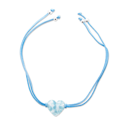 Art glass pendant bracelet, 'My Heavenly Love' - Art Glass Heart-Shaped Pendant Bracelet in Blue and White