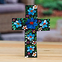 Holzkreuz, „Cyan Prayers“ – handbemaltes florales blaues und grünes Holzkreuz aus Mexiko