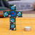 Cruz de madera - Cruz de madera floral azul y verde pintada a mano de México