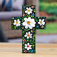 Wood cross, 'Celestial Prayers' - Hand-Painted Floral White and Green Wood Cross from Mexico