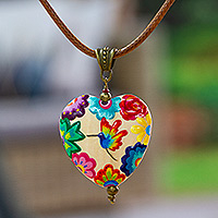 Wood pendant necklace, 'Hummingbird Realm' - Hand-Painted Bird-Themed Pinewood Pendant Necklace