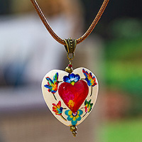 Wood pendant necklace, 'Passionate Realm' - Hand-Painted Romantic Pinewood Pendant Necklace