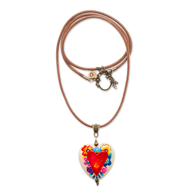 Wood pendant necklace, 'Primaveral Realm' - Hand-Painted Floral Heart-Themed Pinewood Pendant Necklace