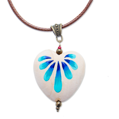 Wood pendant necklace, 'Primaveral Realm' - Hand-Painted Floral Heart-Themed Pinewood Pendant Necklace