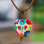 Wood pendant necklace, 'Resilient Realm' - Hand-Painted Floral Dragonfly Pinewood Pendant Necklace