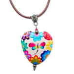 Wood pendant necklace, 'Resilient Realm' - Hand-Painted Floral Dragonfly Pinewood Pendant Necklace
