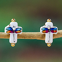 Gold-accented howlite button earrings, 'Faith in Change' - 14k Gold-Accented Dragonfly-Themed Howlite Button Earrings