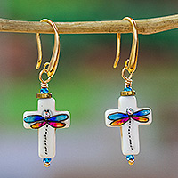 Gold-accented howlite dangle earrings, 'Faith in Change' - 14k Gold-Accented Dragonfly-Themed Howlite Dangle Earrings