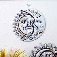 Arte de pared de cerámica, 'Ivory Reunion' - Arte de pared de cerámica con temática de sol y luna de marfil y oro
