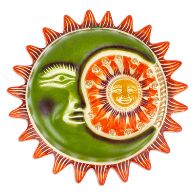 Arte de pared de cerámica - Arte de pared de cerámica verde y naranja con temática de sol y luna