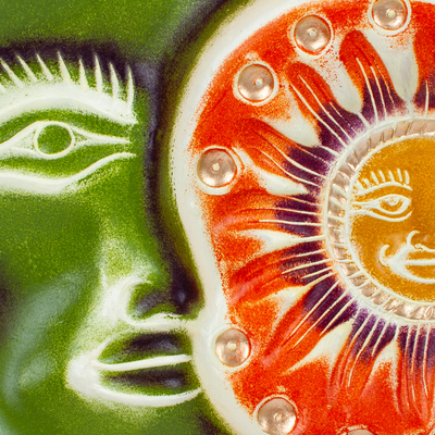 Arte de pared de cerámica - Arte de pared de cerámica verde y naranja con temática de sol y luna