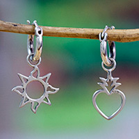 Sterling silver dangle earrings, 'Love & Light' - Heart and Sun-Themed Sterling Silver Dangle Earrings
