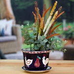 Ceramic flower pot and saucer, 'Dreamy Doves' - Dove and Fruit-Themed Blue Ceramic Flower Pot and Saucer