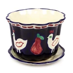 Ceramic flower pot and saucer, 'Dreamy Doves' - Dove and Fruit-Themed Blue Ceramic Flower Pot and Saucer