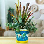 Ceramic flower pot and saucer, 'Serene Cows' - Painted Cow and Tree Blue Ceramic Flower Pot and Saucer
