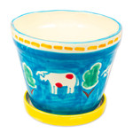 Ceramic flower pot and saucer, 'Serene Cows' - Painted Cow and Tree Blue Ceramic Flower Pot and Saucer