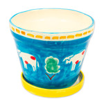 Ceramic flower pot and saucer, 'Serene Cows' - Painted Cow and Tree Blue Ceramic Flower Pot and Saucer