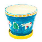 Ceramic flower pot and saucer, 'Serene Cows' - Painted Cow and Tree Blue Ceramic Flower Pot and Saucer