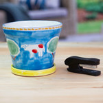 Ceramic flower pot and saucer, 'Serene Cows' - Painted Cow and Tree Blue Ceramic Flower Pot and Saucer