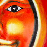 Ceramic wall art, 'Moon for Passion' - Hand-Painted Red, Orange and Yellow Moon Ceramic Wall Art