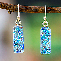 Dichroic art glass dangle earrings, 'Crystalline Sky' - Icy Blue Dichroic Art Glass Dangle Earrings with Hooks