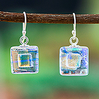 Dichroic art glass dangle earrings, 'Dreamy Cube' - colourful Square Dichroic Art Glass Dangle Earrings