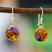 Dichroic art glass dangle earrings, 'Jolly World' - Round Ginger Dichroic Art Glass Dangle Earrings from Mexico