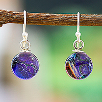 Dichroic art glass dangle earrings, 'Magical World' - Round Blue-Violet Dichroic Art Glass Dangle Earrings