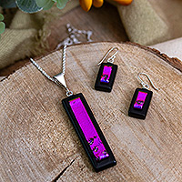 Dichroic art glass jewelry set, 'The Purple Portals' - Handmade Dichroic Art Glass Jewelry Set in Purple and Black