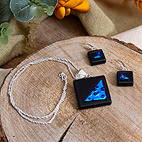 Dichroic art glass jewellery set, 'Square Dreams' - Square Blue and Black Dichroic Art Glass jewellery Set